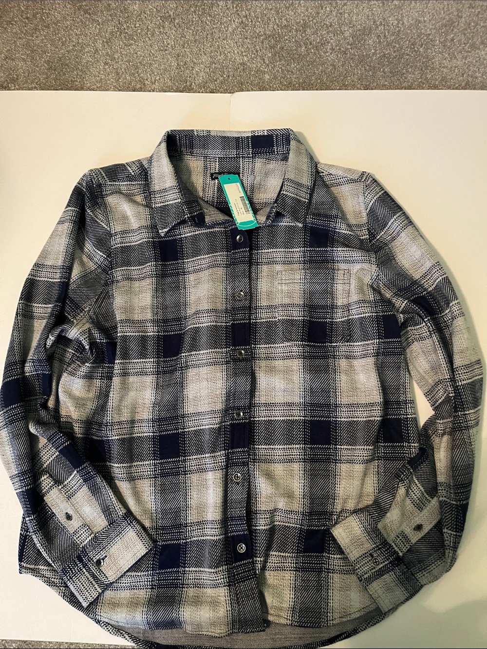 Womens Navy and Gray Plaid Button-Down Shirt